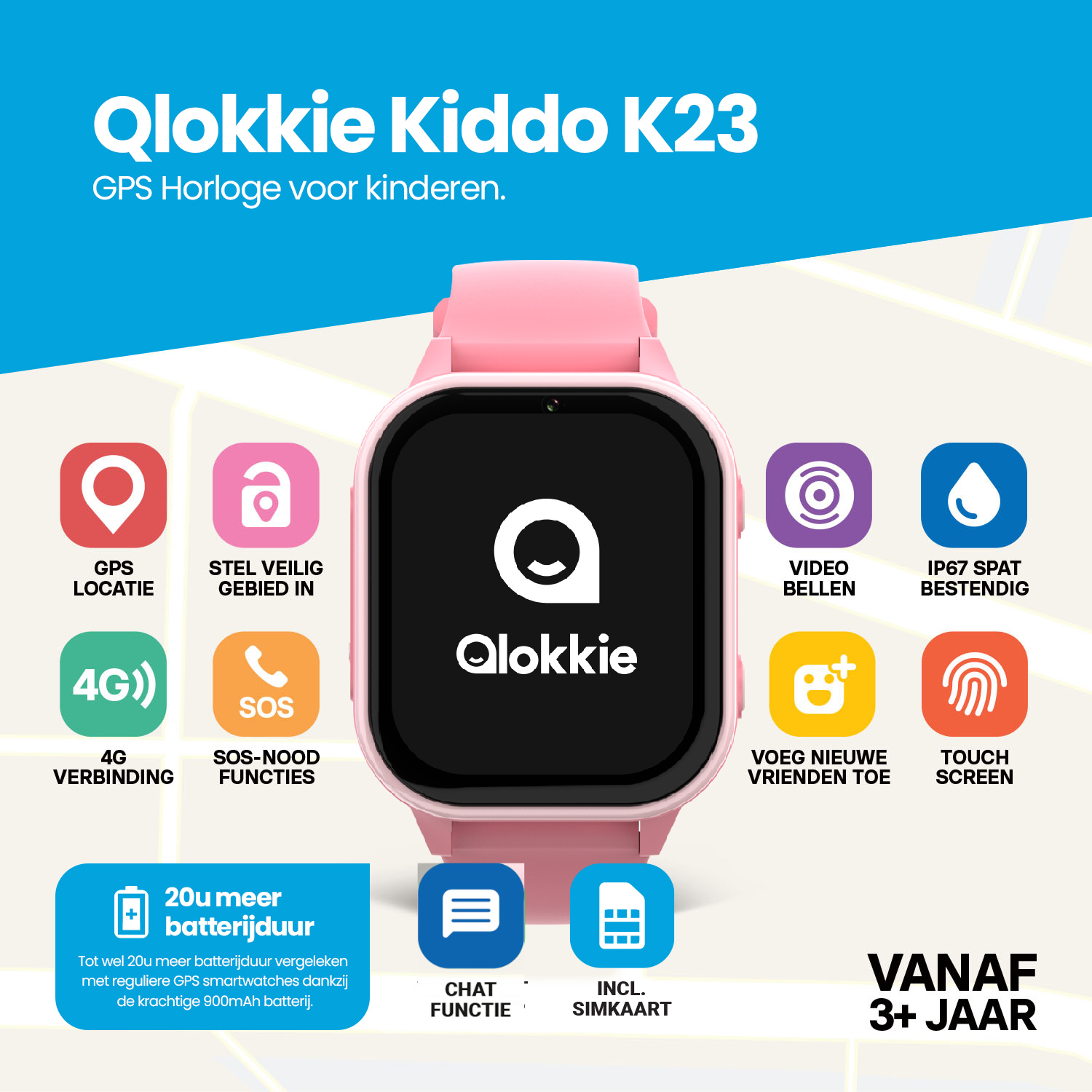 Qlokkie GPS Horloge Kind - Kiddo 23 - Whatsapp - Roze