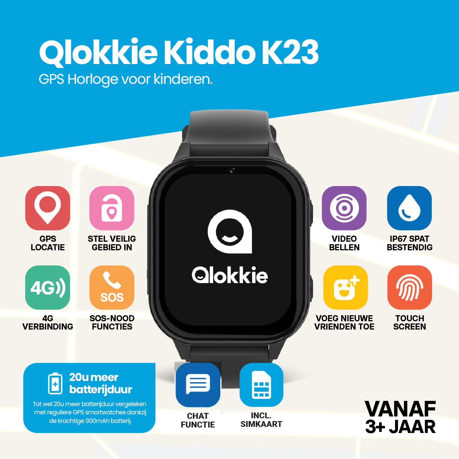 Qlokkie GPS Horloge Kind - Kiddo 23 - Whatsapp - Zwart