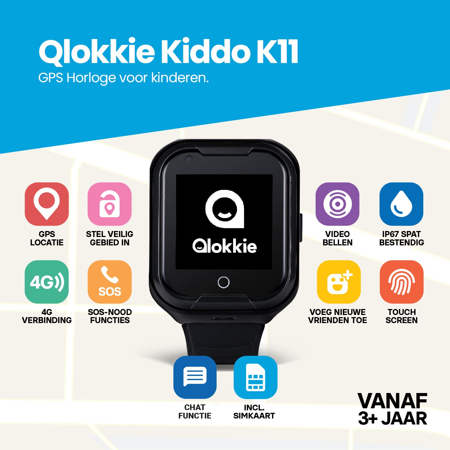 Qlokkie GPS Horloge Kind - Kiddo 11 - Zwart