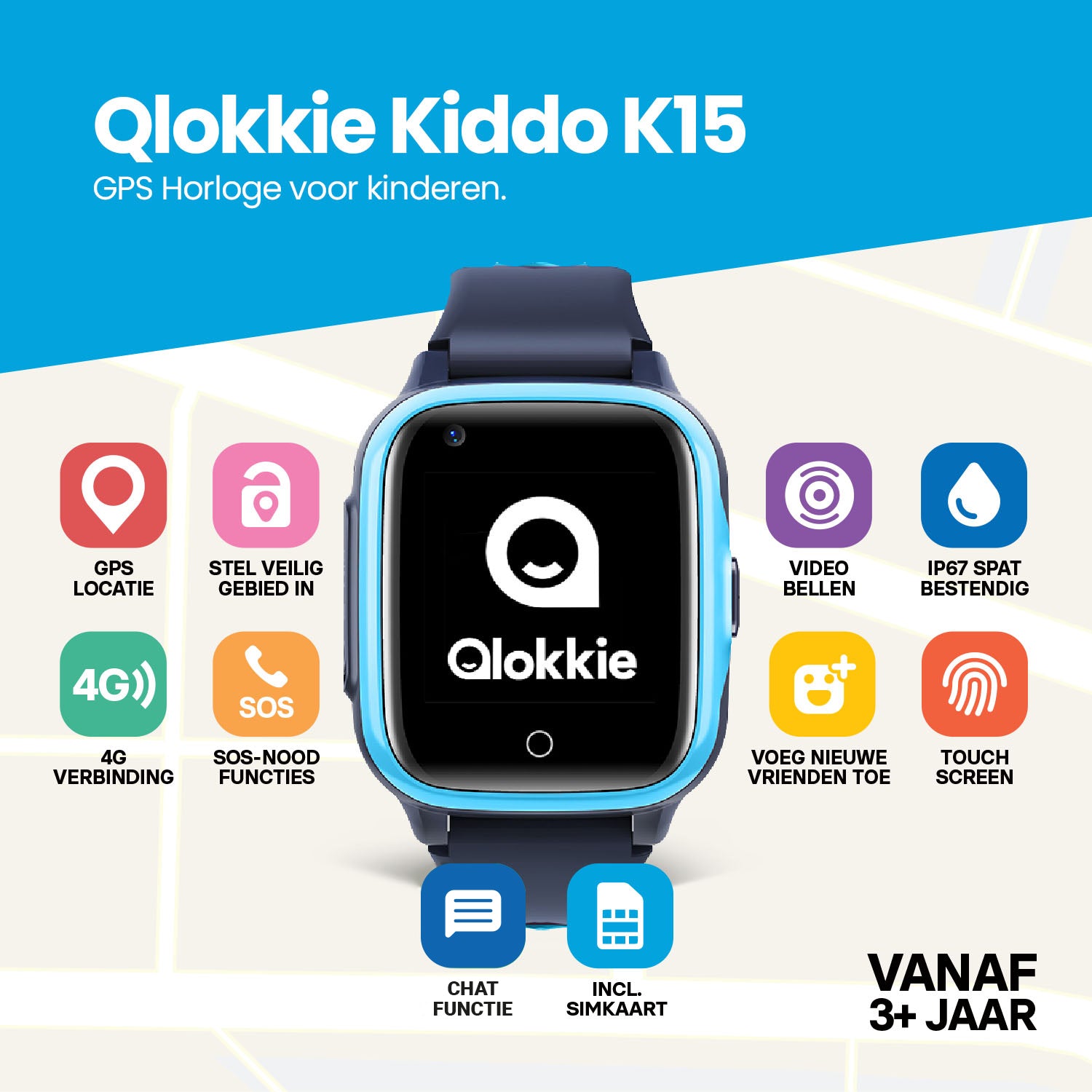 Qlokkie GPS Horloge Kind - Kiddo 15 - Blauw