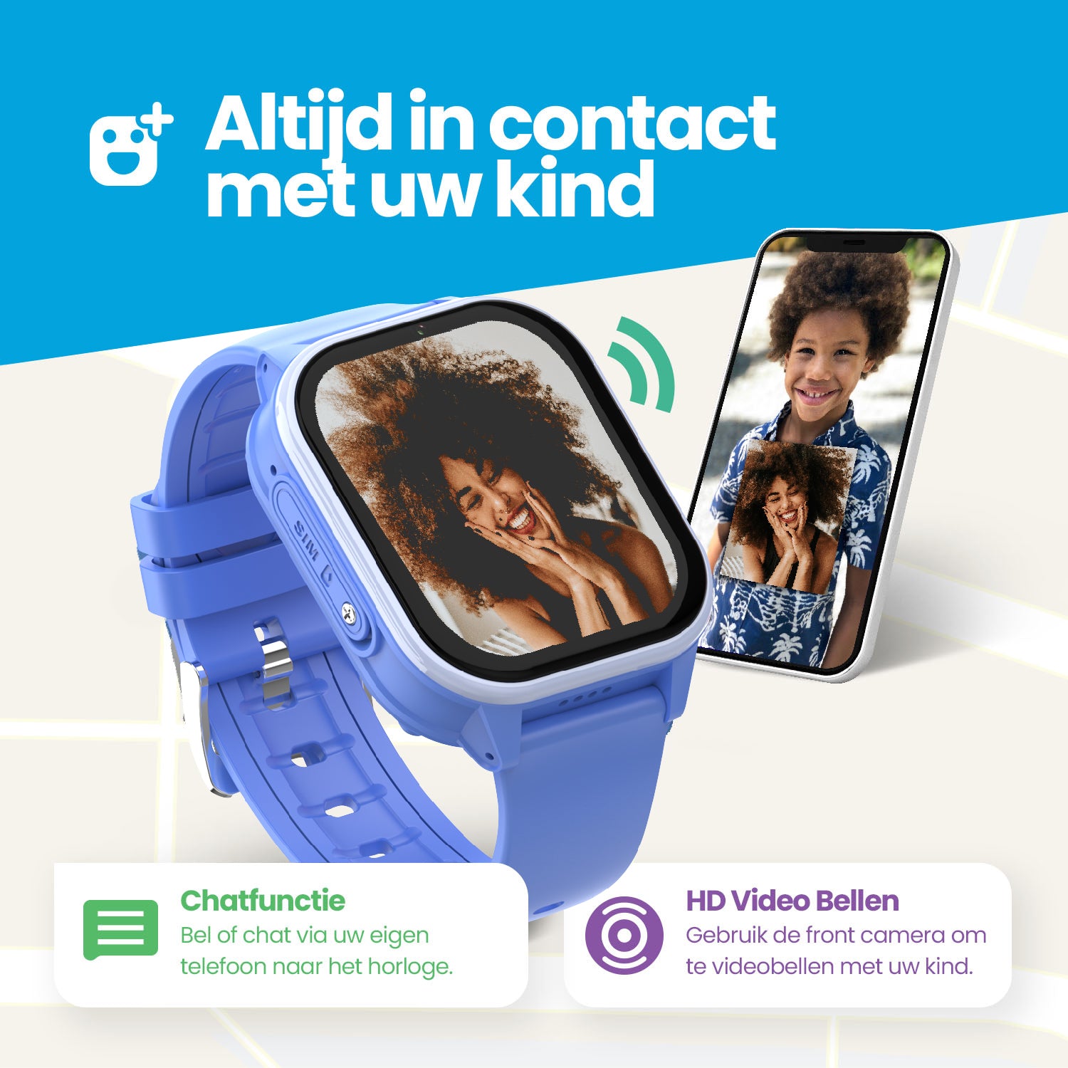 Qlokkie GPS Horloge Kind - Kiddo 23 - Whatsapp - Blauw