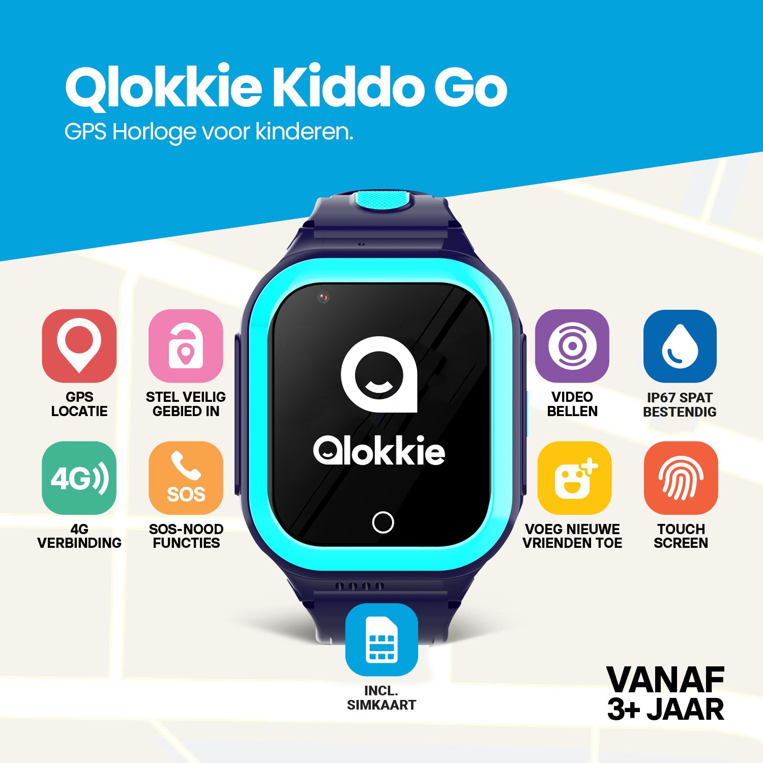Qlokkie GPS Horloge Kind - Kiddo GO - Blauw
