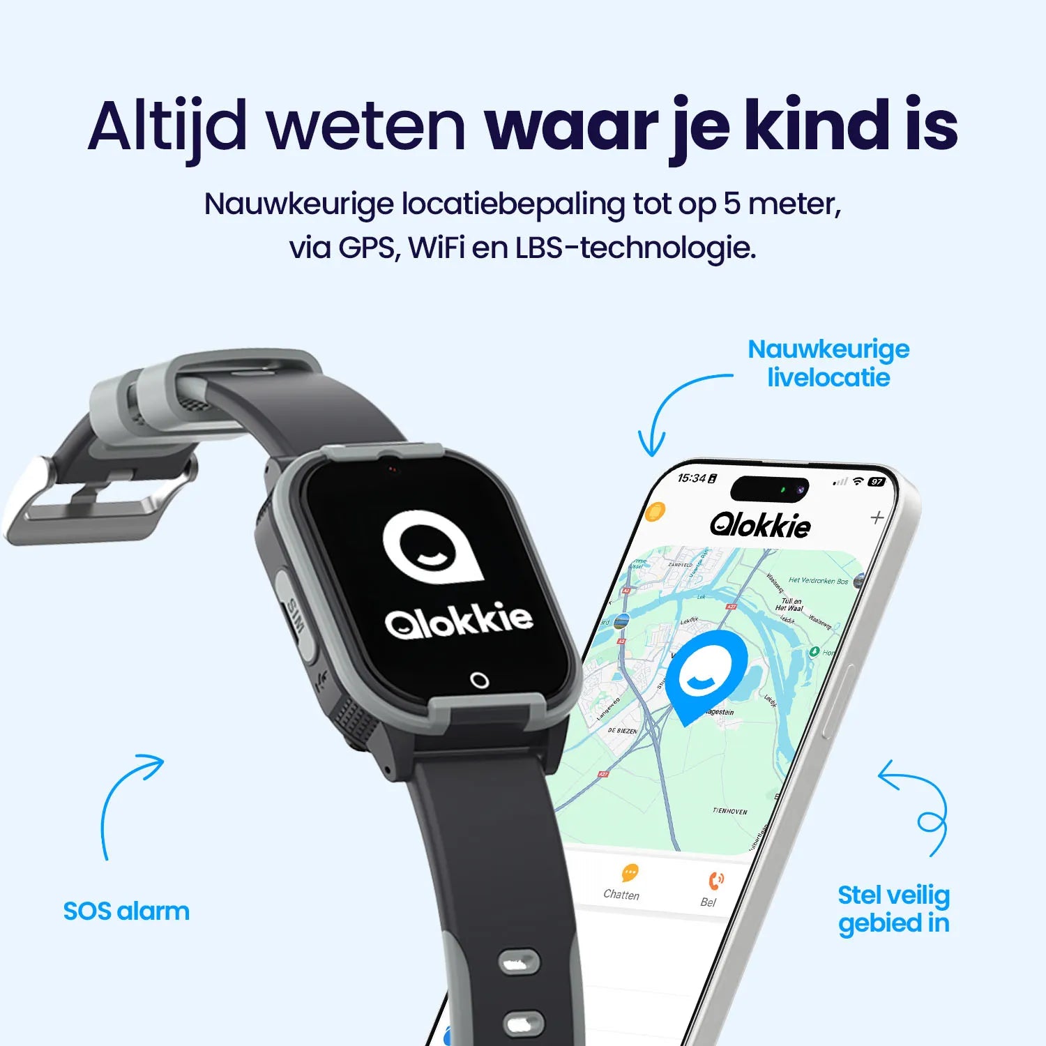 Qlokkie GPS Horloge Kind - Kiddo Lite - Zwart
