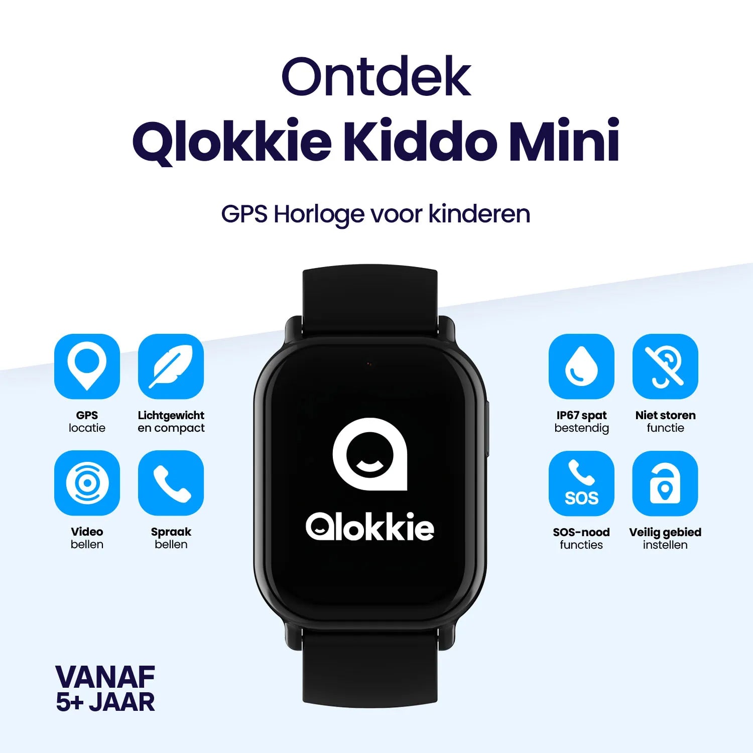 Qlokkie Kiddo Mini – Compact GPS Horloge voor Kinderen – Zwart