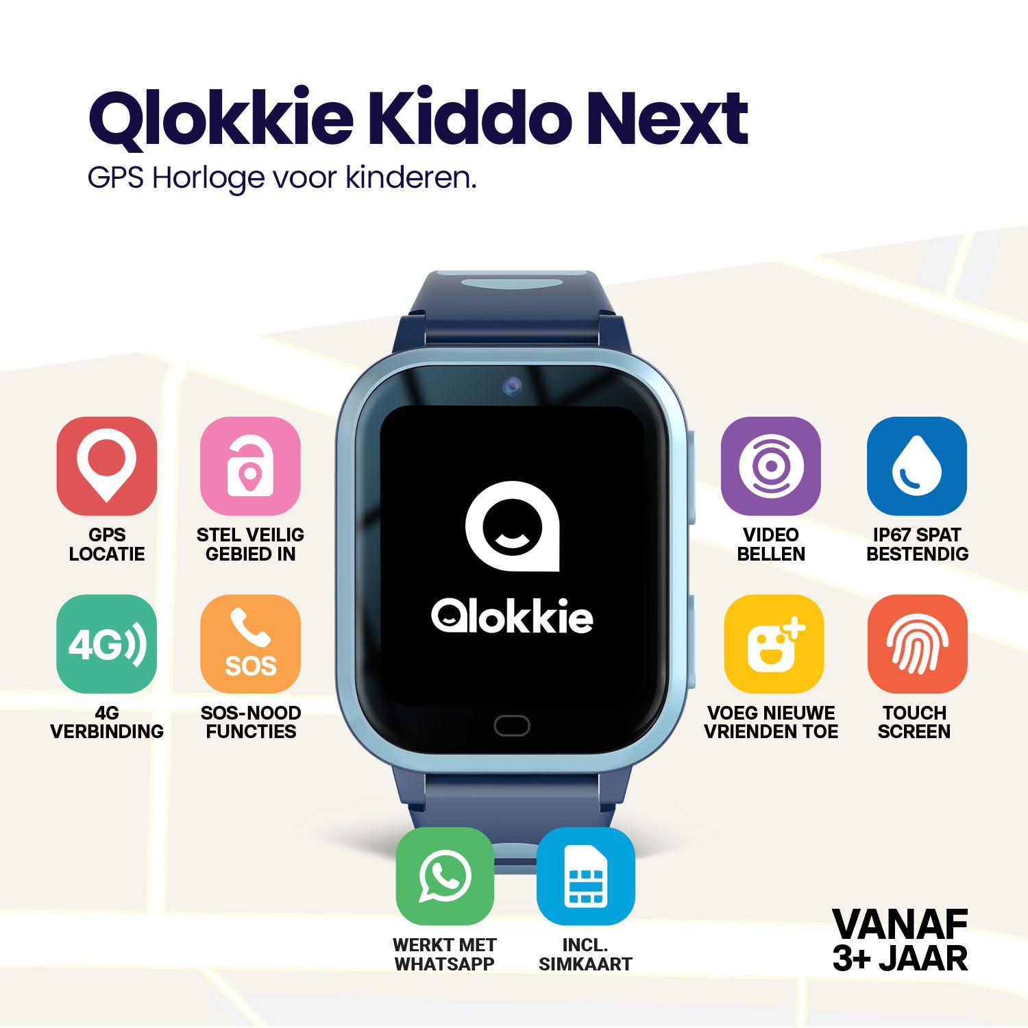Qlokkie GPS Horloge Kind - Kiddo Next - Whatsapp - Blauw