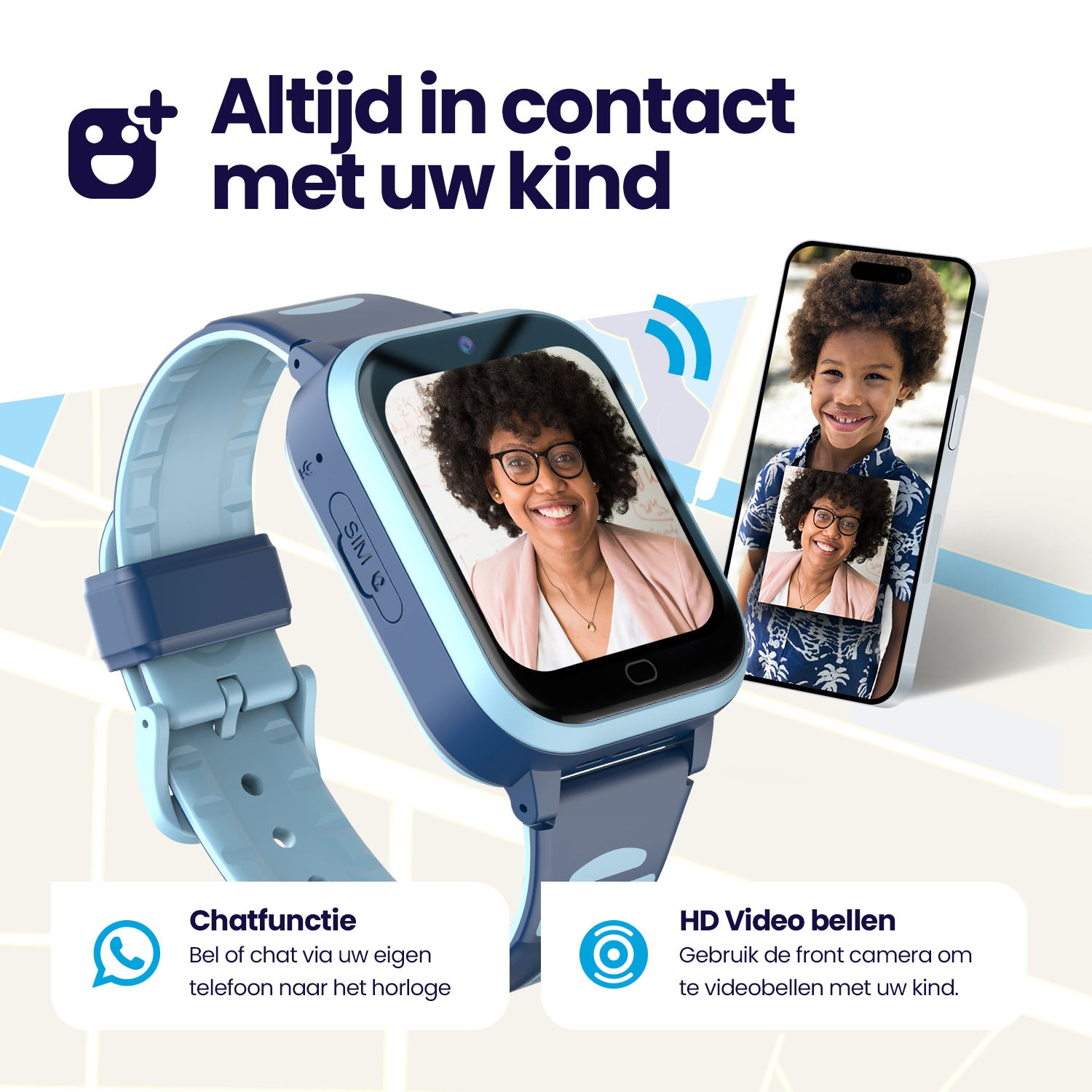 Qlokkie GPS Horloge Kind - Kiddo Next - Whatsapp - Blauw