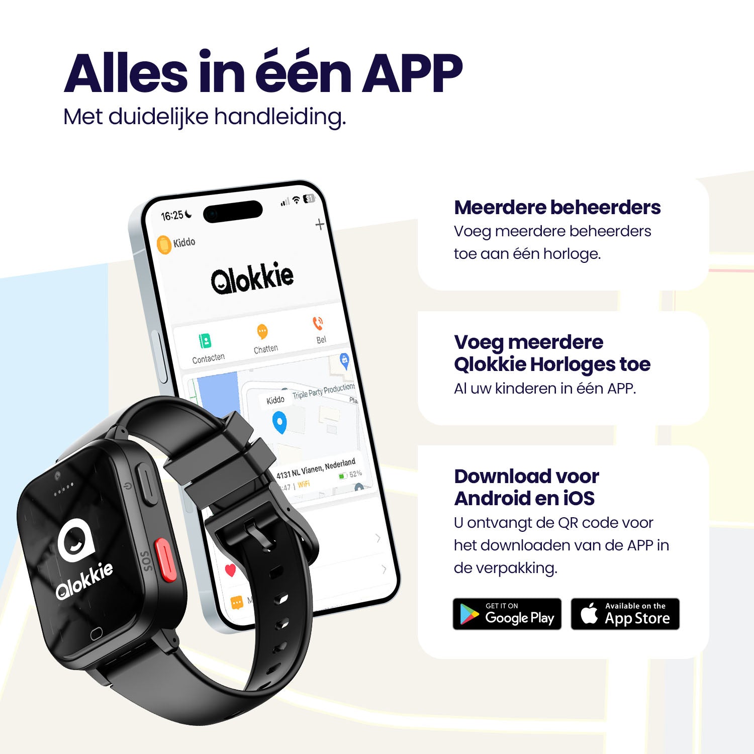 Qlokkie GPS Horloge Kind - Kiddo Next - Whatsapp - Zwart