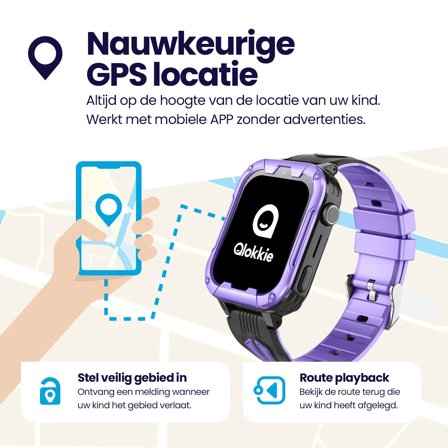Qlokkie GPS Horloge Kind - Kiddo Play - Whatsapp - Paars