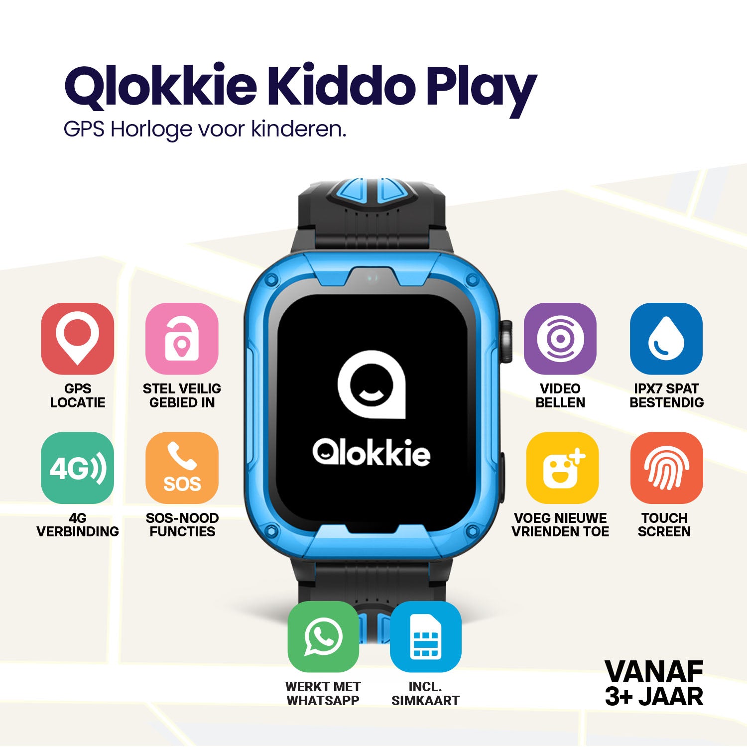 Qlokkie GPS Horloge Kind - Kiddo Play - Whatsapp - Blauw