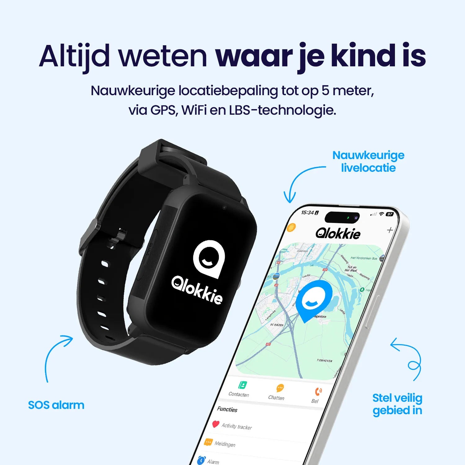 Qlokkie GPS Horloge Kind - Kiddo Slim Pro - Zwart