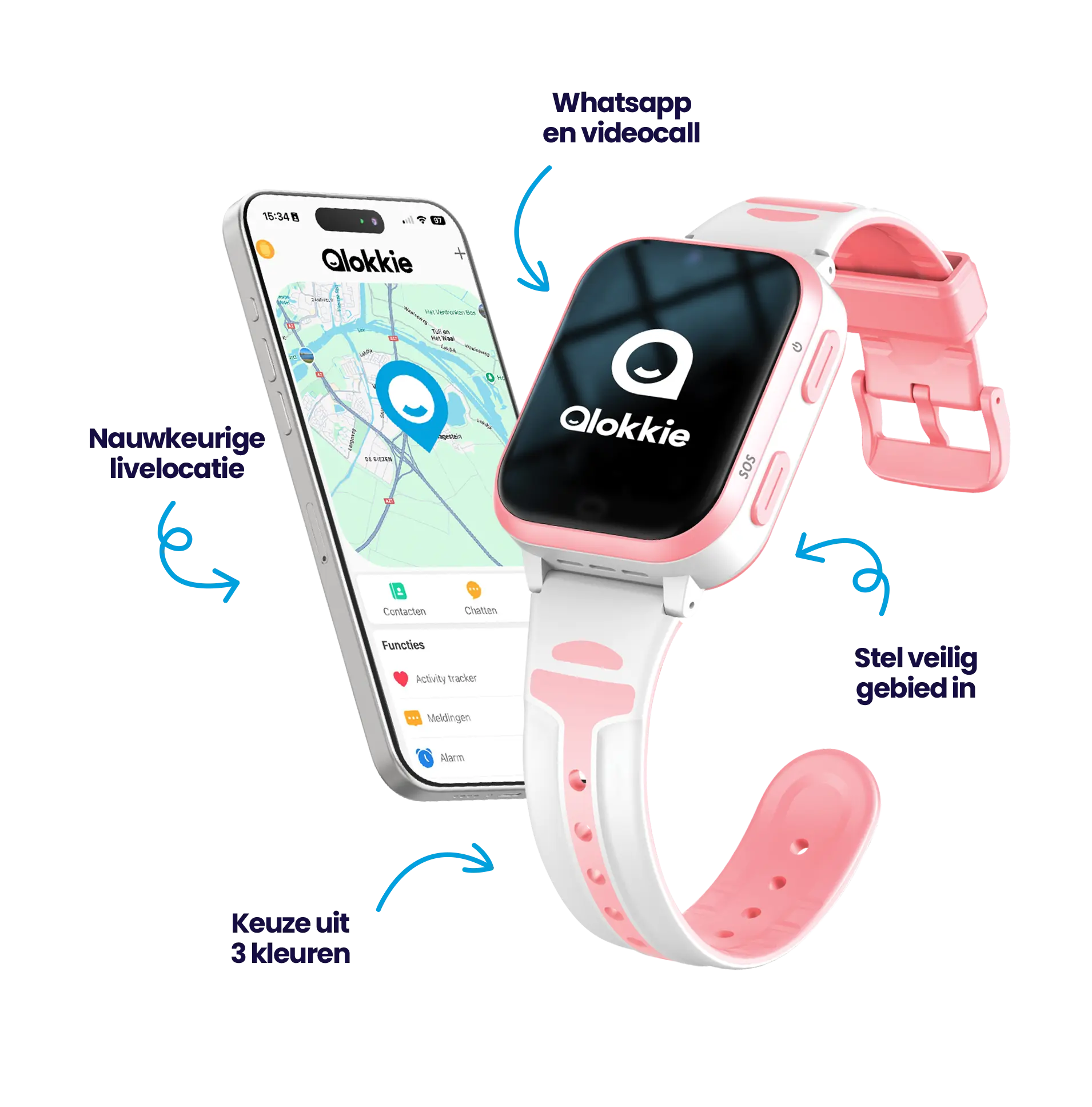 GPS Horloge voor kinderen met mobiele telefoon die de app weergeeft.