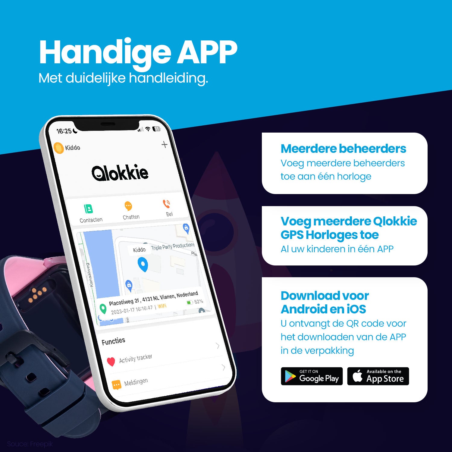 Qlokkie GPS Horloge Kind - Kiddo 11 - Zwart