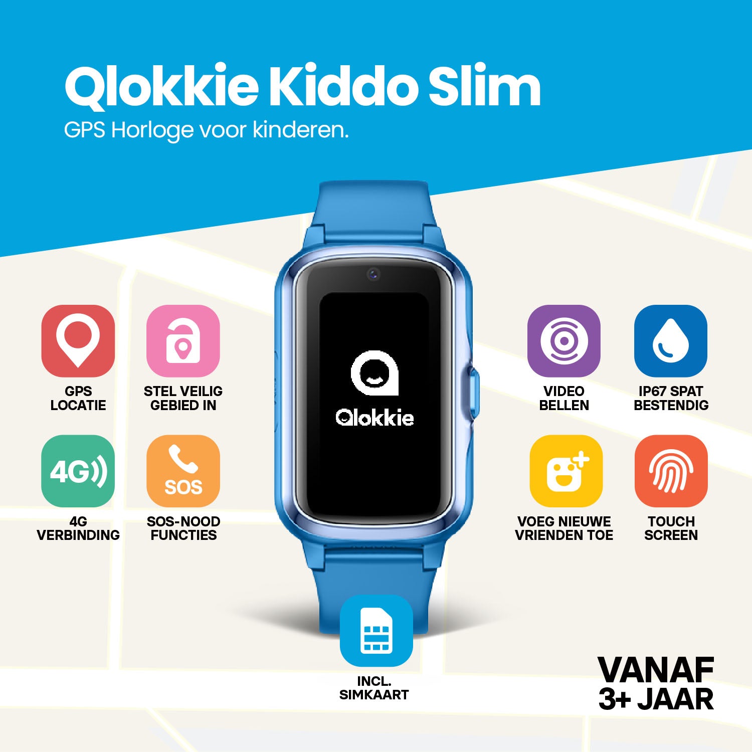 Qlokkie GPS Horloge Kind - Kiddo Slim - Blauw
