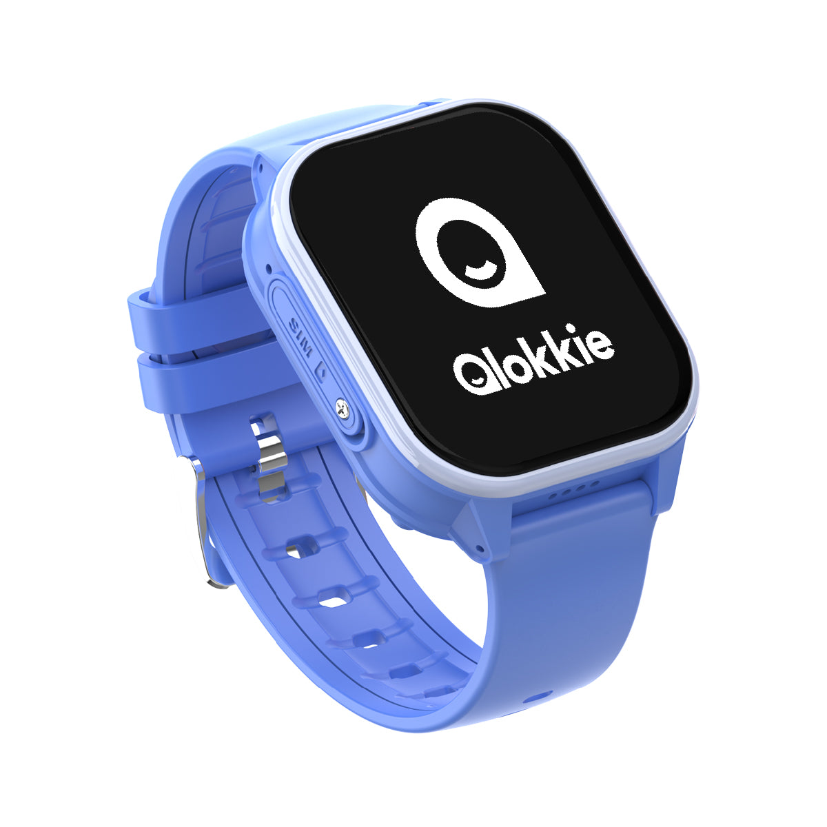 Zijaanzicht van Kiddo 23 blauw GPS horloge, met display en SIM-kaartsleuf duidelijk zichtbaar.