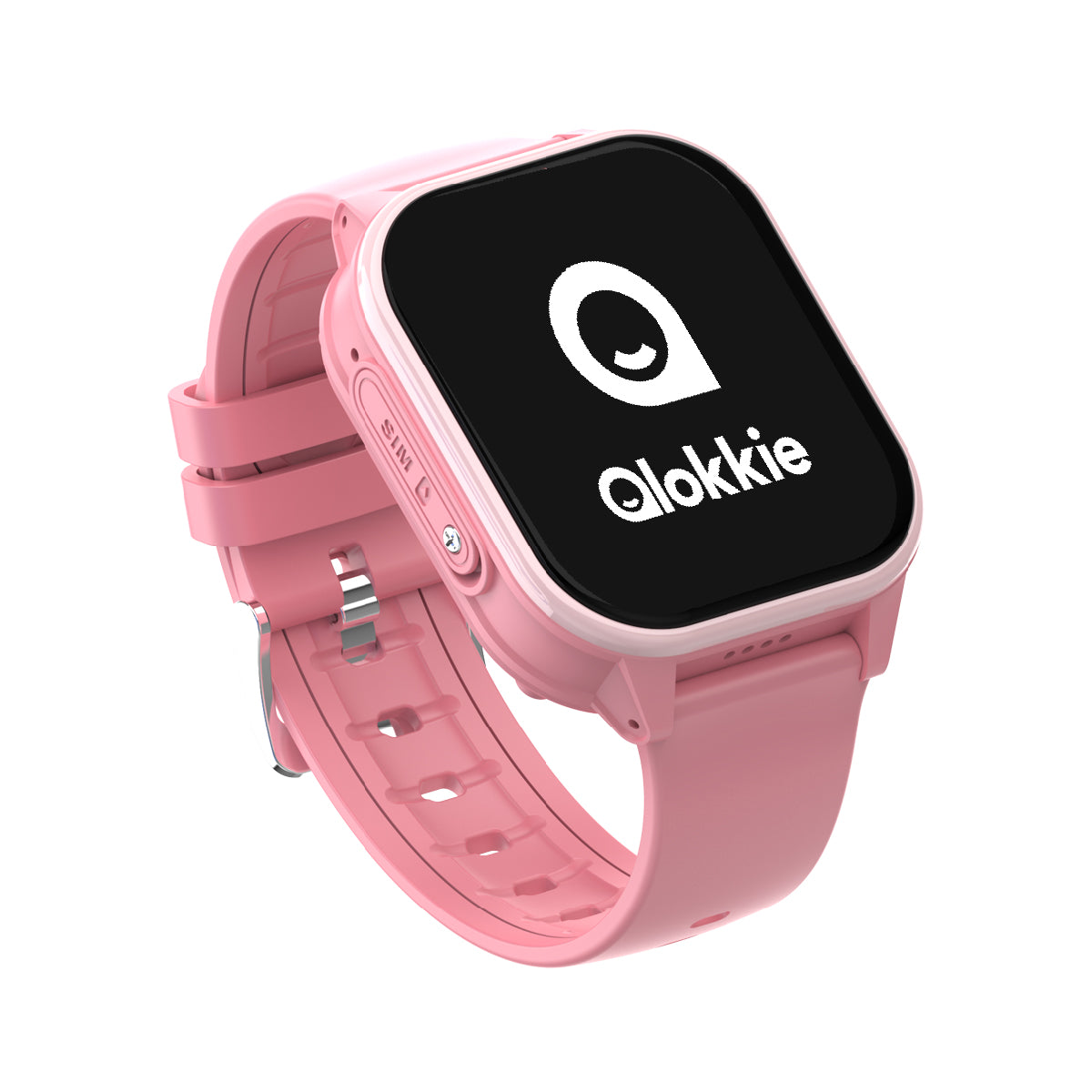 Zijaanzicht van Kiddo 23 roze GPS horloge, met display en SIM-kaartsleuf duidelijk zichtbaar.