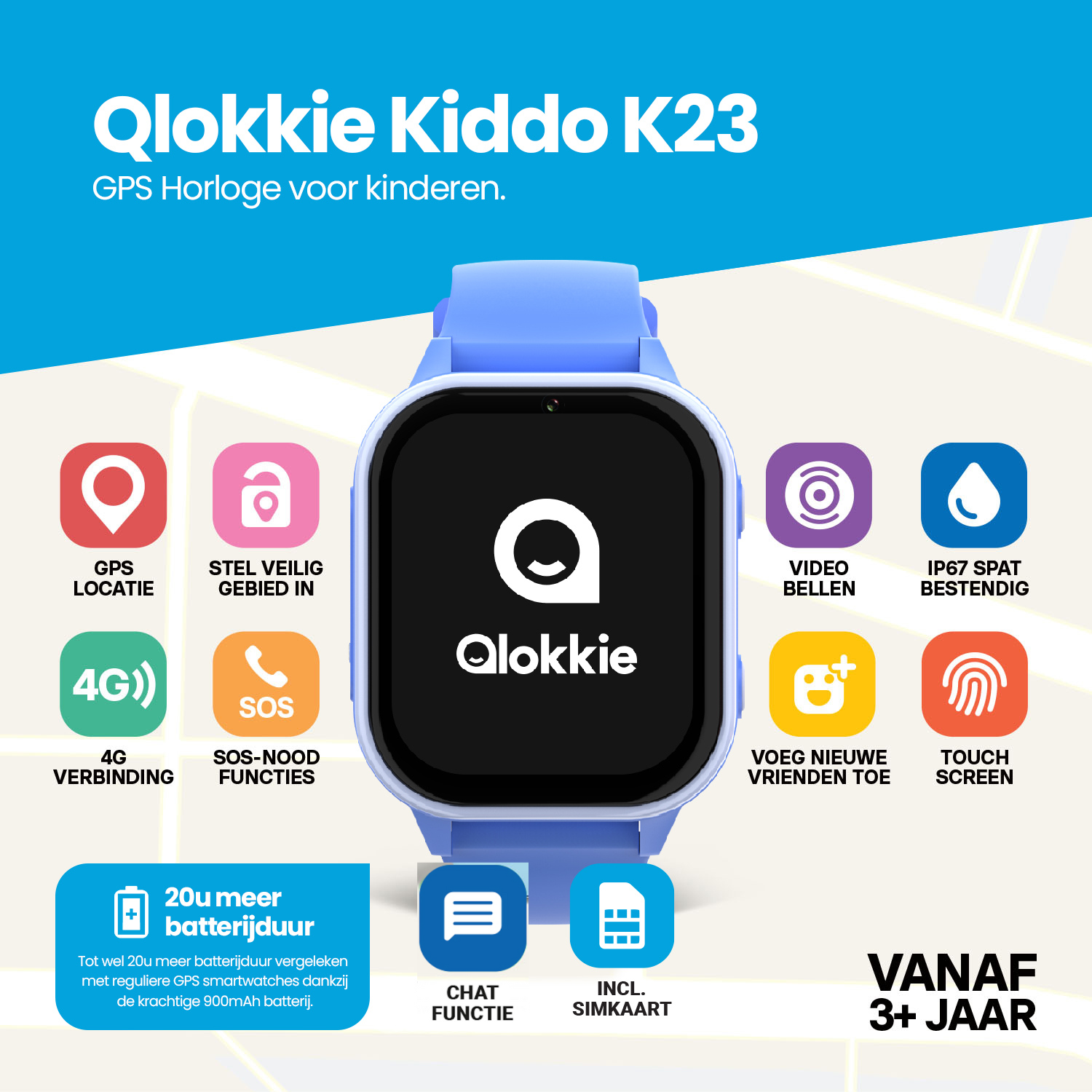 Qlokkie GPS Horloge - Kiddo 23 - Whatsapp - Blauw