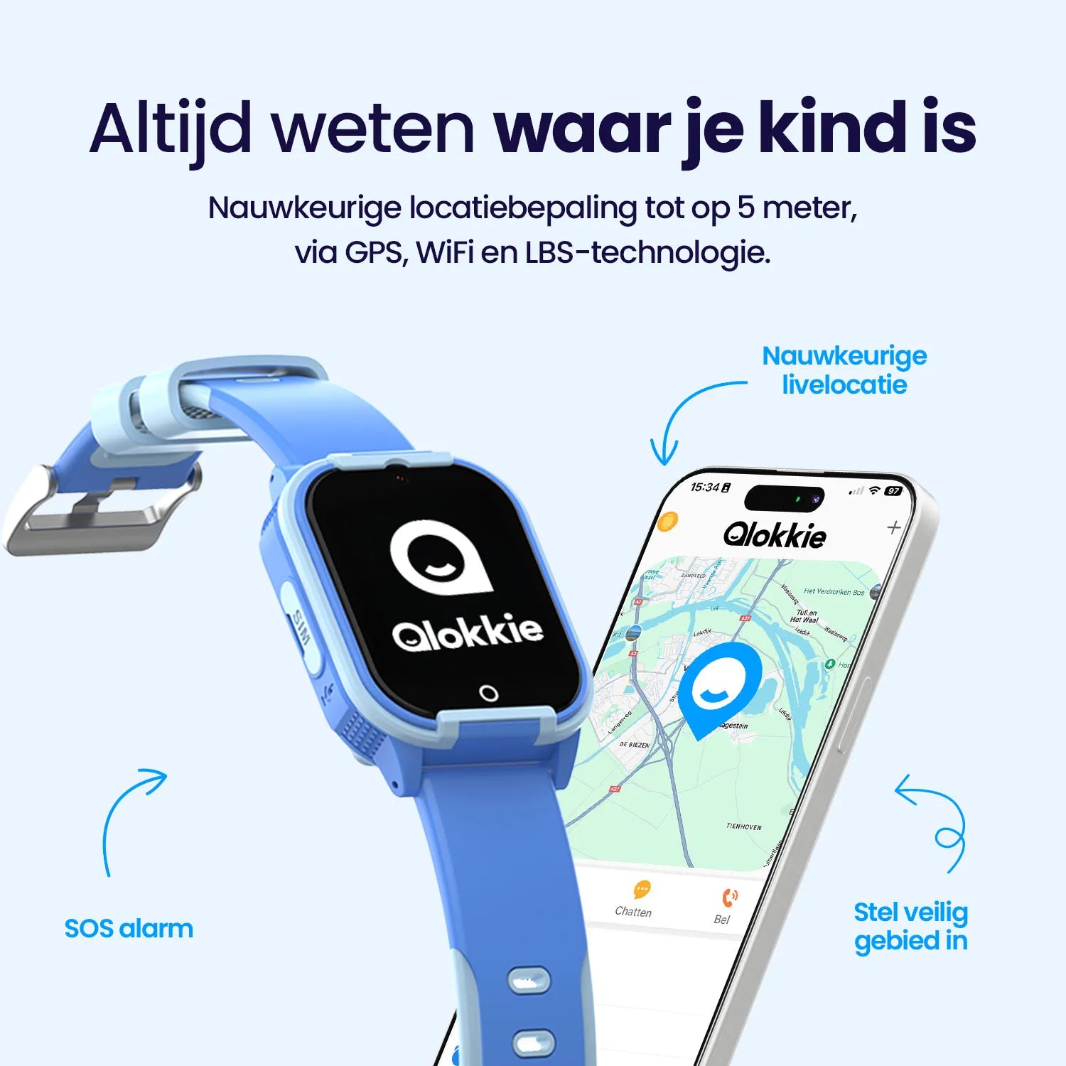 Qlokkie GPS Horloge Kind - Kiddo Lite - Blauw