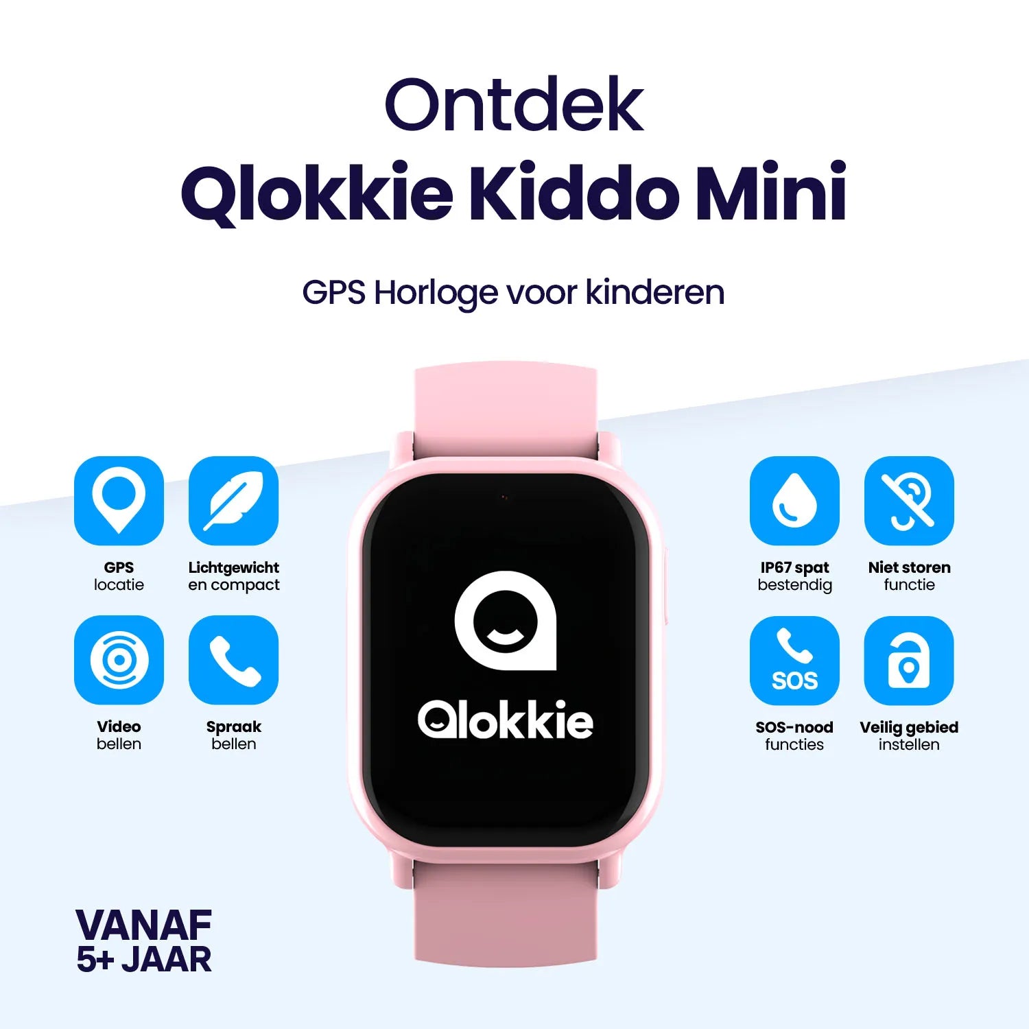 Qlokkie Kiddo Mini – Compact GPS Horloge voor Kinderen – Roze