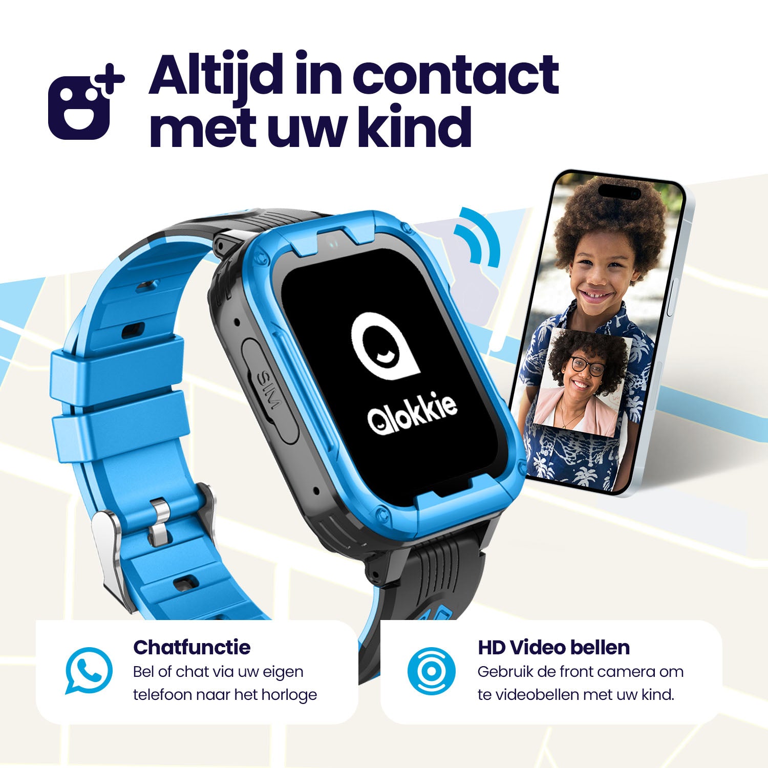Qlokkie GPS Horloge - Kiddo Play - Whatsapp - Zwart